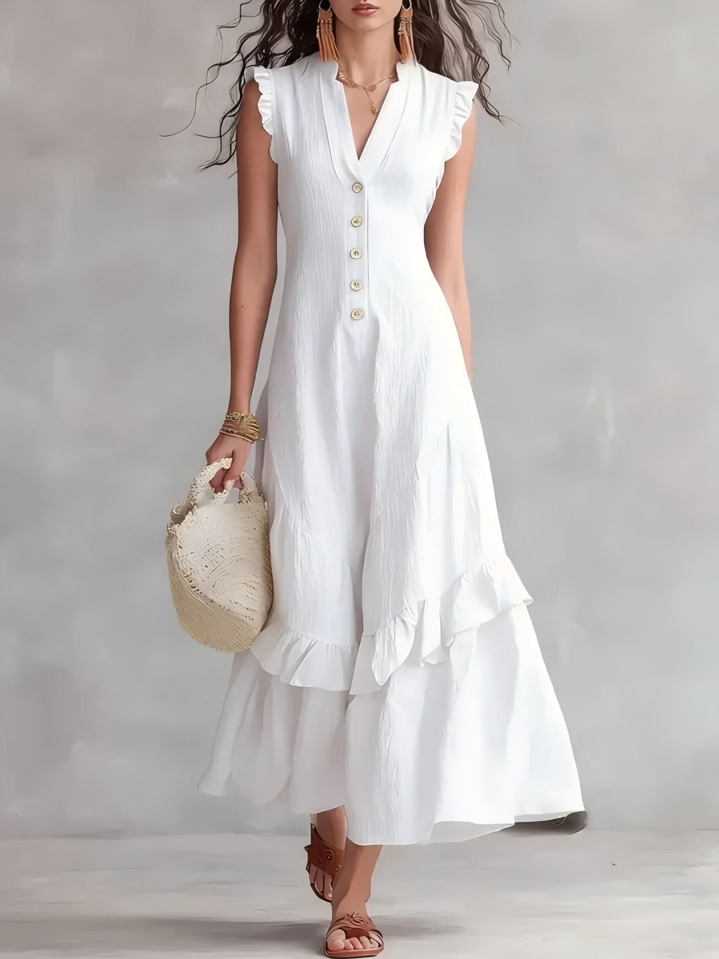 Boho Flowy Sleeveless Maxi Dress V-Neck Button-Front Ruffle Hem A-Line Skirt